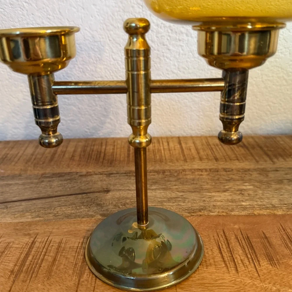 Vintage Brass Double Arm Candelabra Amber Glass Hurricane Tea Light Holder MCM